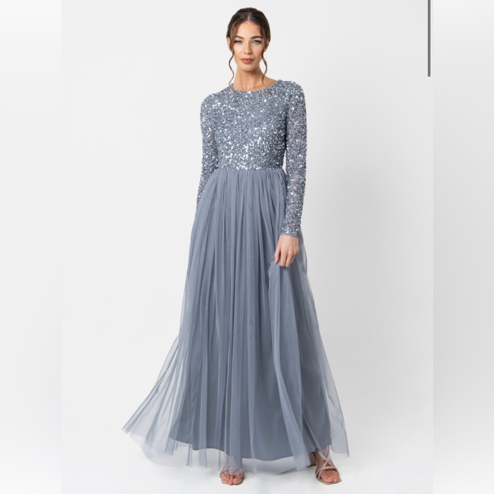 MAYA DELUXE Long Sleeve Dusty blue bridesmaid dress with sequin top